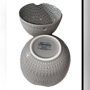 2 Signature Housewares Gray Stoneware Noodle Bowl Modern Geometric Pattern